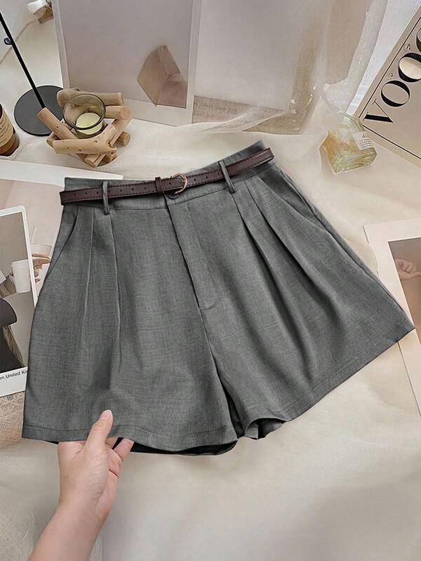 Franclia Plus Size Women's Solid Color Elegant Belt Decor Shorts, Suitable For Commuting, Outing, Summer, Office, Party, Casual Wear Gray Shorts Elegant Shorts Dress Shorts High Waisted Shorts