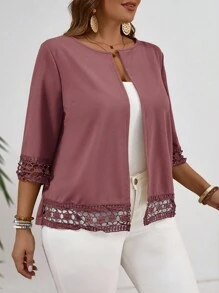 EMERY ROSE Plus Size Women's Solid Color Lace Patchwork Round Neck Casual Lightweight Blazer Winter Fall Autumn - Dusty Pink - View 6