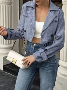 SHEIN LUNE Jaqueta Casual Curta com Colarinho e Dupla Fileira de Botões para Mulheres - Azul Empoeirado - Visão 6