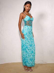 SHEIN BAE Spring Summer Solid Blue Suspenders Elegant Beaded Flowers Delicate Long Dresses, Holiday Sequin Suspenders Dresses For Beach Vacations, Beach Skirts, Music Festival Skirts, Birthday Dresses, Brunch Dresses, Wedding Dresses Bridesmaid Dresses, Wedding Guest Dresses - Blue - View 4