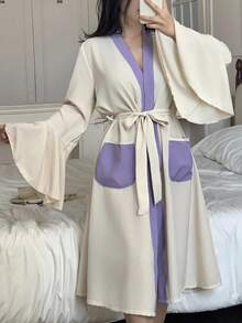 Elegant Ruffled Contrast Color French Style Loungewear Robe, Soft & Comfortable For Women, Fall - Beige - View 4