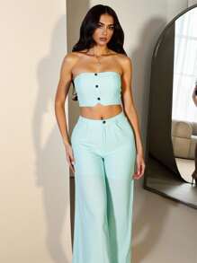 Zolique Women's Elegant Baby Blue 2 Pieces Set,Summer Vacation Bandeau Crop Top And Wide Leg Pants,Solid Color Casual Holiday Wear Outfits Spring Suit - Blue - View 4