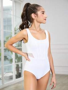 SHEIN 青少年女孩白色简约连体衣，网眼拼接，适合学校、专业训练、芭蕾、体操、舞蹈工作室、舞蹈紧身衣 - 白色 - 查看 3