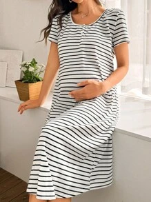 Moonlight&Mama Pregnant Women's Casual Loose Striped Print Short Sleeve Knit Nightgown Maternity Nightgown Maternity Sleepwear Set Maternity Lounge Set Maternity Pajamas Set Post Partum Nightgown - Black and White - View 1