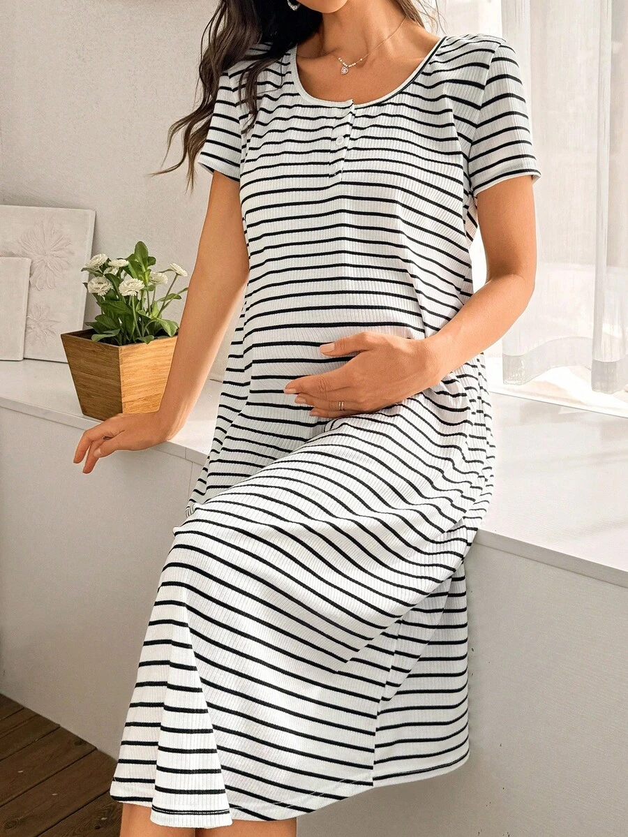 Moonlight&Mama Pregnant Women's Casual Loose Striped Print Short Sleeve Knit Nightgown Maternity Nightgown Maternity Sleepwear Set Maternity Lounge Set Maternity Pajamas Set Post Partum Nightgown - Black and White - View 1