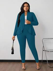 SHEIN PETITE CURVE Bộ đồ công sở 2 món màu trơn tay 3/4 cho nữ cỡ lớn và quần, trang phục công sở thường ngày cho nữ - Màu xanh ngọc - Xem 4