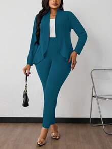 SHEIN PETITE CURVE Bộ đồ công sở 2 món màu trơn tay 3/4 cho nữ cỡ lớn và quần, trang phục công sở thường ngày cho nữ - Màu xanh ngọc - Xem 5