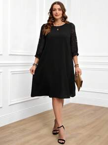 Miaspire 大码女式网纱撞色黑色优雅母亲节连衣裙 春季女装 圣诞节 圣诞女装 圣诞派对连衣裙 - 黑色 - 查看 1