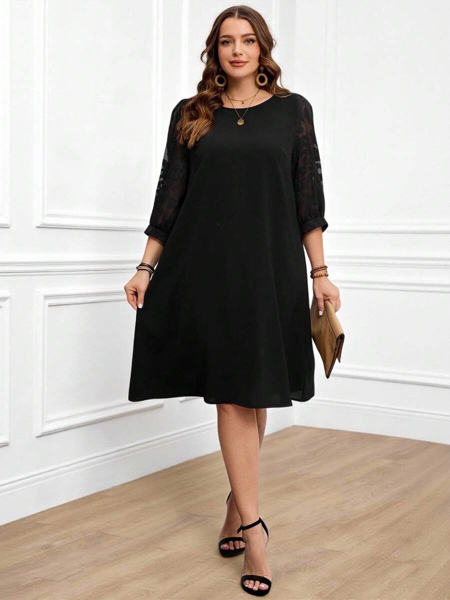 Miaspire 大码女式网纱撞色黑色优雅母亲节连衣裙 春季女装 圣诞节 圣诞女装 圣诞派对连衣裙 - 黑色 - 查看 1