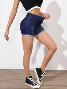 SHEIN EZwear Shorts vaqueros ajustados de verano para mujer con bolsillos inclinados elásticos y puños - Azul - Ver 7