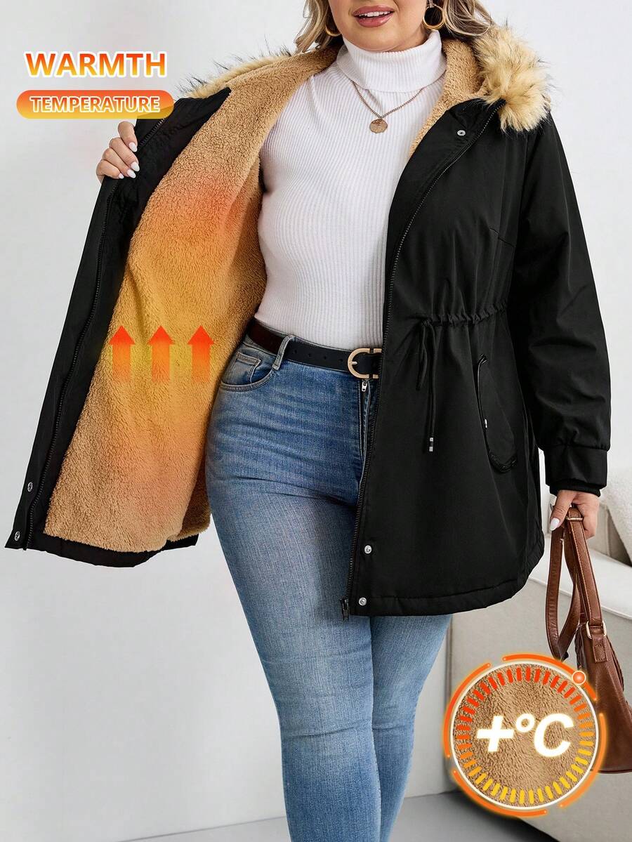 SHEIN CURVE+ 加大码，法兰绒，厚毛领，帽子，束腰棉夹克，黑色休闲女士棉夹克加大码冬季夹克加大码仿皮草夹克 8xl 女士夹克加大码连帽夹克加大码保暖夹克秋季/秋冬 - 黑色 - 查看 1