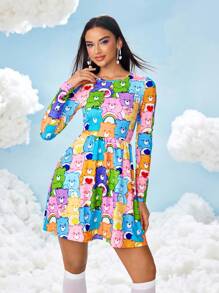 SHEIN X Care Bears 可爱满版印花长袖短款连衣裙
