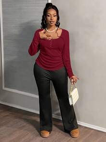 Slaydiva Blusa de manga larga con cuello cuadrado, cintura fruncida, talla grande y estilo casual - Burdeos - Ver 4