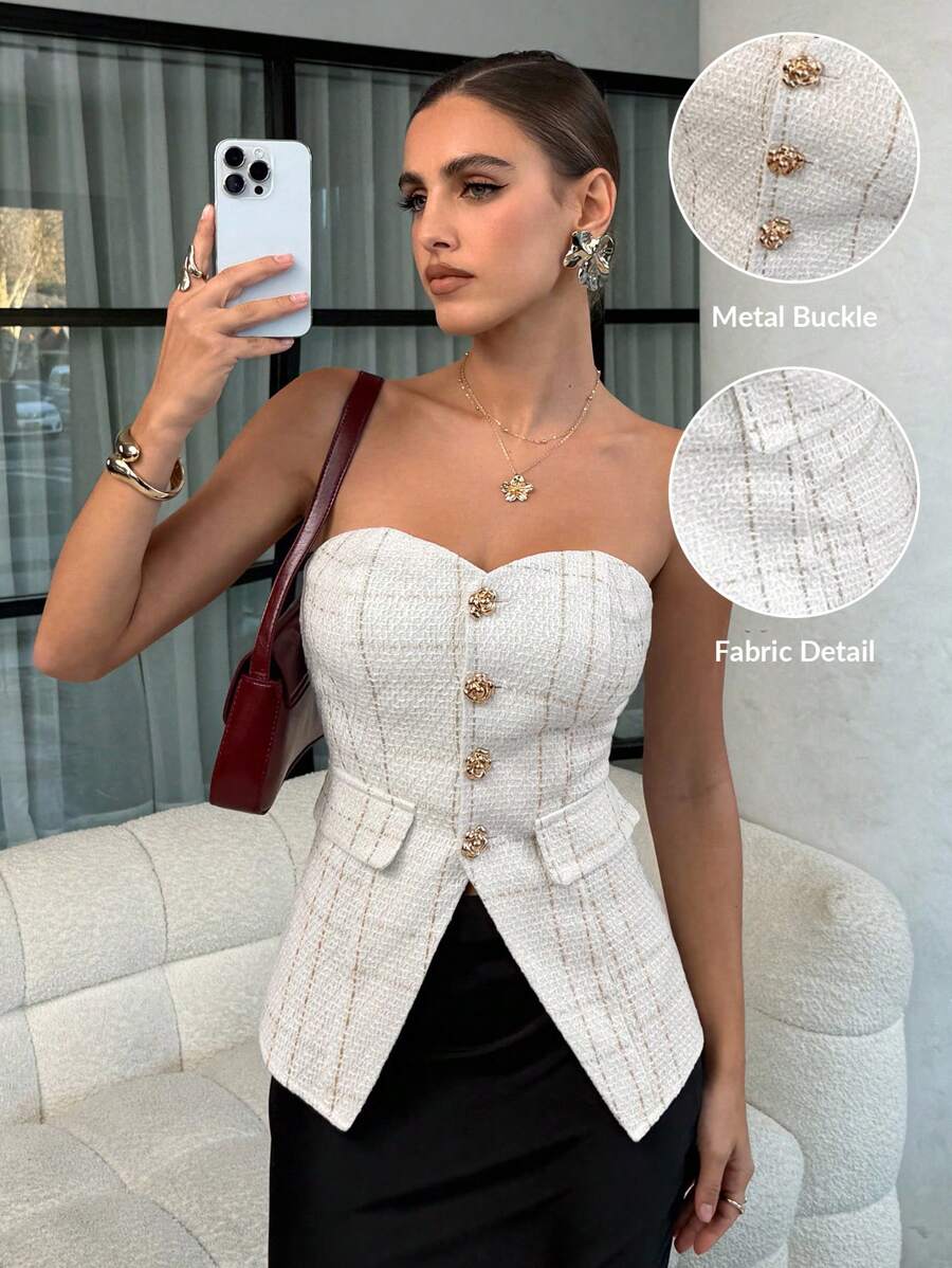 Lavishia Elegant Plaid Front Button Camisole Shirt, Suitable For Commuting - Multicolor - View 1