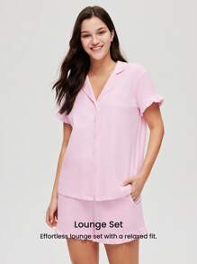 LUVLETTE 女士透气棉粉色新娘内衣套装，短袖纽扣上衣和短裤，轻盈舒适，可爱睡衣套装，带口袋，浪漫居家舒适内衣，也适合少女、年轻女孩和儿童穿着，春夏婚礼必备单品。 - 粉色 - 查看 4