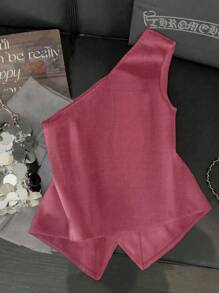 Franclia 时尚优雅百搭S型简约性感不对称领口金属扣装饰女式衬衫，春夏粉玫瑰色大学风服装 - 玫紅色 - 查看 2