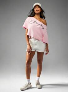 Missguided x Playboy 露肩短款上衣休闲装宽松版型休闲日装节日风格 - 粉色 - 查看 3