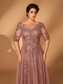 Serin Plus Size Summer Romantic Elegant Round Neck 3/4 Sleeve Lace Contrast Mesh A-Line Hem Luxury Applique Dress, Suitable For Evening Party, Date, Ball, Singles Party, Music Festival, Vacation, Wedding, Bride Mother Dress, Valentine's Day - Dusty Pink - View 6