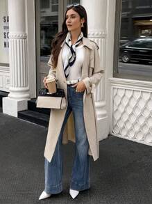 SHEIN LUNE 女式仿亚麻双排扣长款风衣 - 卡其色 - 查看 3