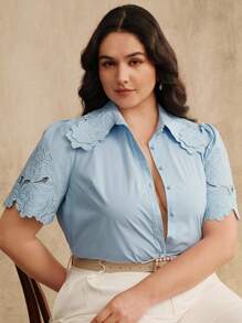 Anewsta Áo kiểu nữ tay ngắn thêu hoa cổ bẻ thời trang thanh lịch mùa hè đa năng đi làm - Màu xanh lam - Xem 4