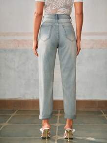 Anewsta Elaire Jeans casuales lavados con bordado floral, calados y decorados con rhinestones - Azul - Ver 2