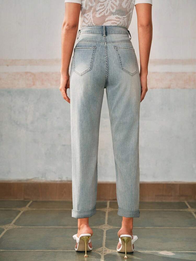 Anewsta Elaire Casual Washed Floral Embroidery Hollow Out Rhinestone Decor Jeans