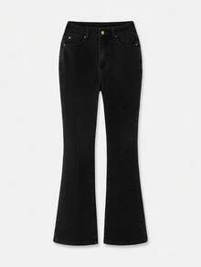 lacRébo Black Denim High Waisted Flare Jeans With Pockets Teacher Office Spring Summer - Black - View 6