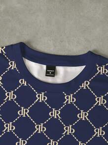 Manfinity Dauomo 男士夏季字母印花圆领短袖休闲T恤 - 寶藍色 - 查看 3