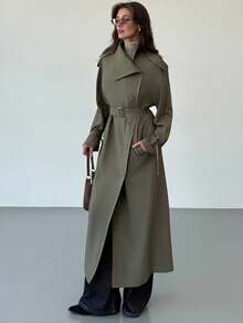 Aloruh 秋冬新款简约时尚立领喇叭腰系带宽松休闲长款风衣 - 綠色 - 查看 1