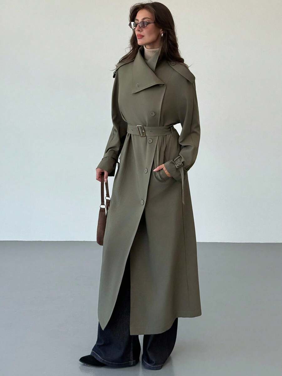 Aloruh 秋冬新款简约时尚立领喇叭腰系带宽松休闲长款风衣 - 綠色 - 查看 1