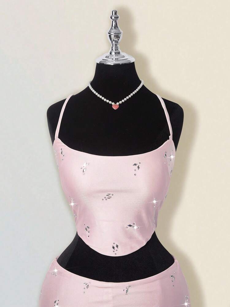 SHEIN ICON Dwuczęściowy zestaw damski w stylu Y2K: różowy top z kryształkami i dopasowana mini spódniczka z niskim stanem, seksowny i szykowny - Różowy - Zobacz 3