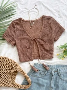 Soleia Top tricot deschis cu cravată cu ciucuri