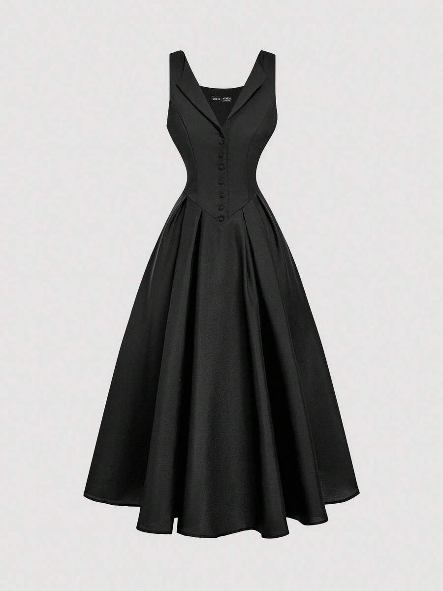 SHEIN MOD Women's Black Collared Button Front Waist Cinched Mid-Length Dress,Fall/Winter,Halloween,Nightmare Before Christmas ,Halloween Costume Women ,Party,Elegant,Office,Work,Teacher Dress, Black Midi Dress, Corset Midi Dress, Black Sundress Women, Black Classy Dress