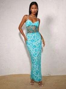 SHEIN BAE Spring Summer Solid Blue Suspenders Elegant Beaded Flowers Delicate Long Dresses, Holiday Sequin Suspenders Dresses For Beach Vacations, Beach Skirts, Music Festival Skirts, Birthday Dresses, Brunch Dresses, Wedding Dresses Bridesmaid Dresses, Wedding Guest Dresses - Blue - View 1