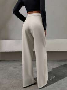 EURMUSE Plus Size Women Elegant Style, Half Faux Leather Belt Detailed Straight Fit Pant - White - View 2