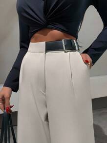 EURMUSE Plus Size Women Elegant Style, Half Faux Leather Belt Detailed Straight Fit Pant - White - View 3