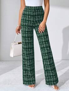 SHEIN Tall CURVE Quần dệt kim co giãn in họa tiết kẻ caro thanh lịch cỡ lớn mùa hè dành cho nữ, phù hợp với nhiều dịp khác nhau, phù hợp cho kỳ nghỉ hè, du lịch thanh lịch và đi làm hàng ngày - Màu xanh lá cây đậm - Xem 4