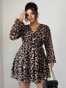 SHEIN Clasi Celure Plus-Size Retro Leopard Print Printed V-Neck Long-Sleeved Casual Mini Dress Suitable For Dates, Commutes And Daily Wear Fall Cloth For Women - Coffee Brown - View 3