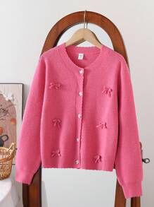 Tween Girls Cardigans Regular Style Girls Bowknot Cardigan, Suitable For Outdoor Wear In Autumn/Winter, Suitable For Home Scenes, Suitable For Children To Play And Wear Back To School, Pink Fall - Hot Pink - View 3