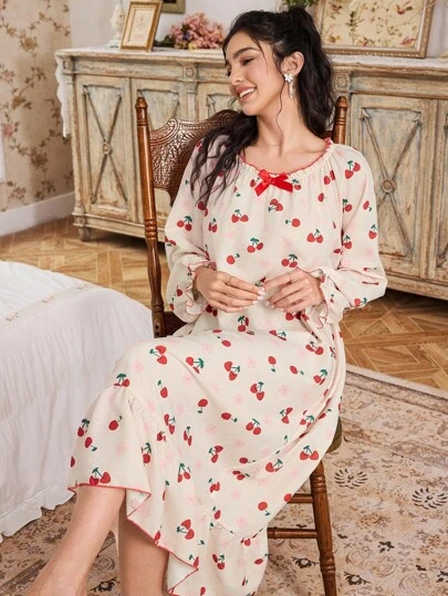 CottageSlumber 撞色樱桃印花宽松长袖睡裙，秋冬款