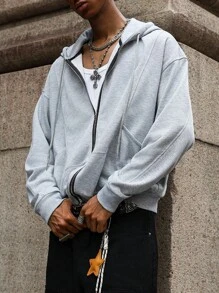 Manfinity EMRG 男士休闲前拉链落肩抽绳连帽衫 男士拉链连帽衫 灰色连帽衫 男士休闲连帽衫 拉链连帽衫 男士运动衫 连帽衫 灰色拉链连帽衫 男士拉链连帽衫 男士街头风连帽衫 男士科技风连帽衫 - 灰色 - 查看 6