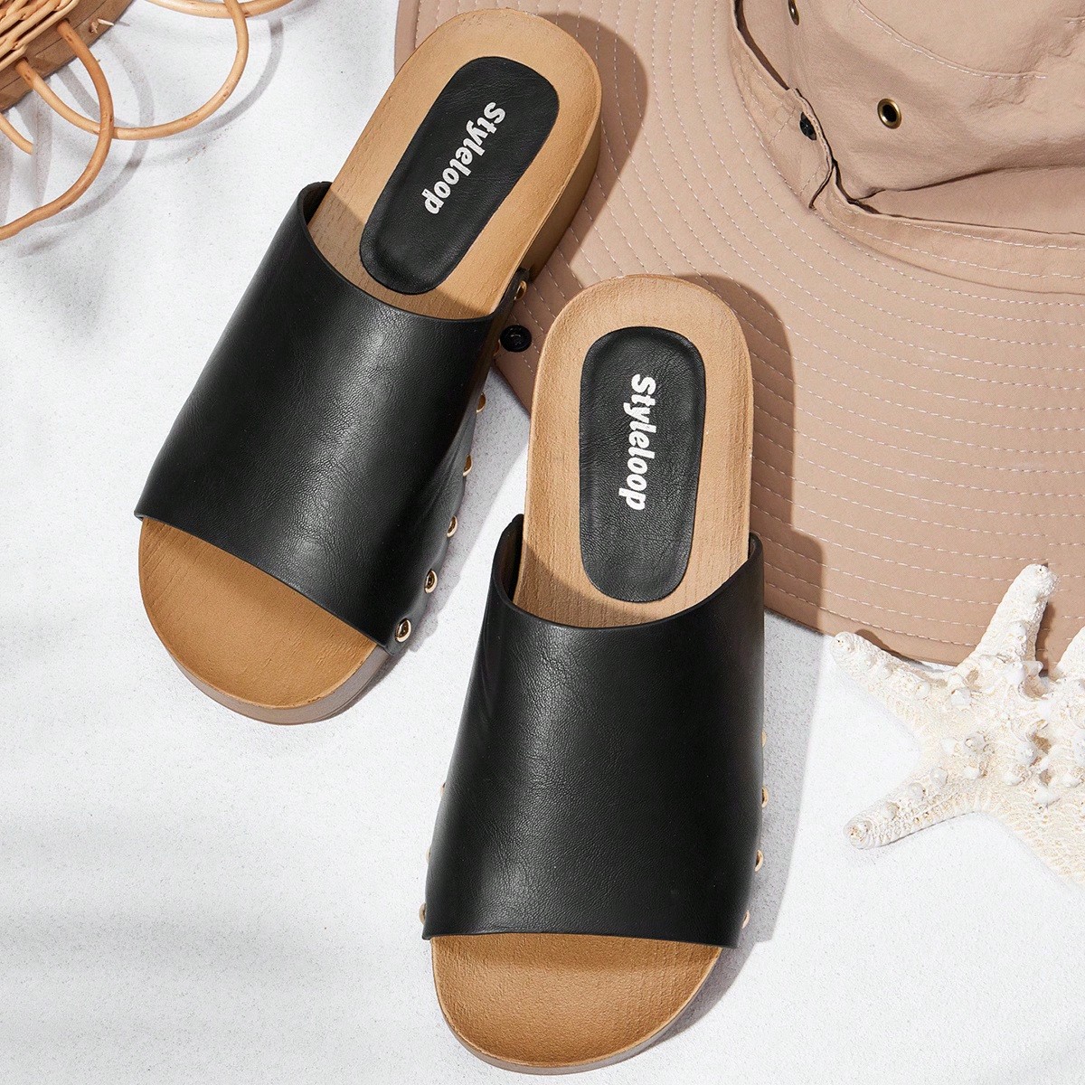 Sandalias planas para mujer, estilo minimalista clásico, suela de madera, sandalias planas con estilos de vacaciones y viajes, estilo bohemio, festiv