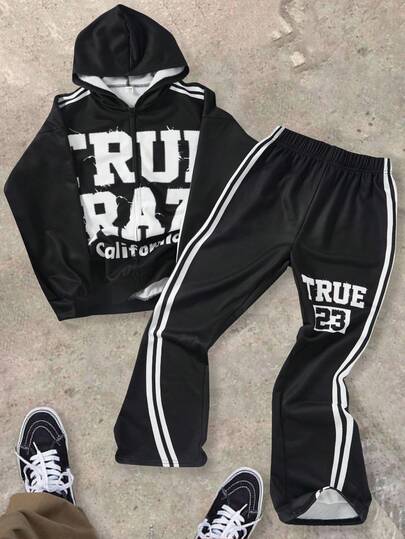 SHEIN 2 件儿童/青少年男童休闲日常百搭舒适字母印花图案前开宽松长袖连帽衫和宽松印花运动裤针织服装套装