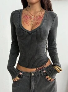 Coolane Women's Y2K Streetwear Tree Branch Pattern Bustier V-Neck T-Shirt,Fall Tops - Black - View 1