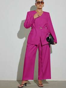 GENKIRA 优雅长袖西装外套搭配直筒阔腿西装裤，办公室穿着 - 玫紅色 - 查看 3