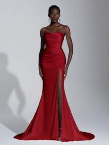 Elitara Solid Color Pleated Elegant Strapless High Slit Satin Wedding Dress - Burgundy - View 7