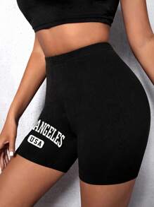 SHEIN Unity 字母圖案彈性腰帶騎行褲 - 黑色 - 查看 7