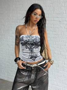 StreetHx 女士朋克十字印花修身抹胸 - 白色 - 查看 5