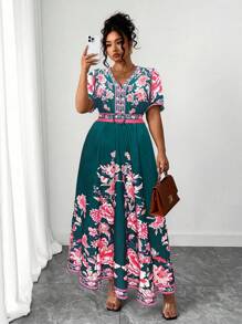 Elenzga Plus Size Women's Popular Fashion, Versatile, Thailand Maldives Vacation Beach Boho Style Printed Cinched Waist V-Neck Cap Sleeve Dress, Spring/Summer - Multicolor - View 4