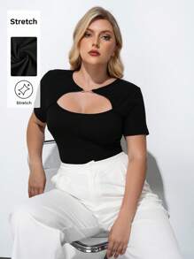 Maija Camiseta de mujer de talla grande de unicolor con diseño calado de manga corta ajustada, camiseta de moda de verano para mujer, vacaciones, playa, casual, salir, bohemia, oficina, festival para rave, Hawái - Negro - Ver 1